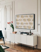 Sea Charms IX by Veronique Charron. shown as a framed stretched canvas in a living room above a console. Available as a archival giclee rolled canvas, fine art paper, or poster print. SKU 31998i.
