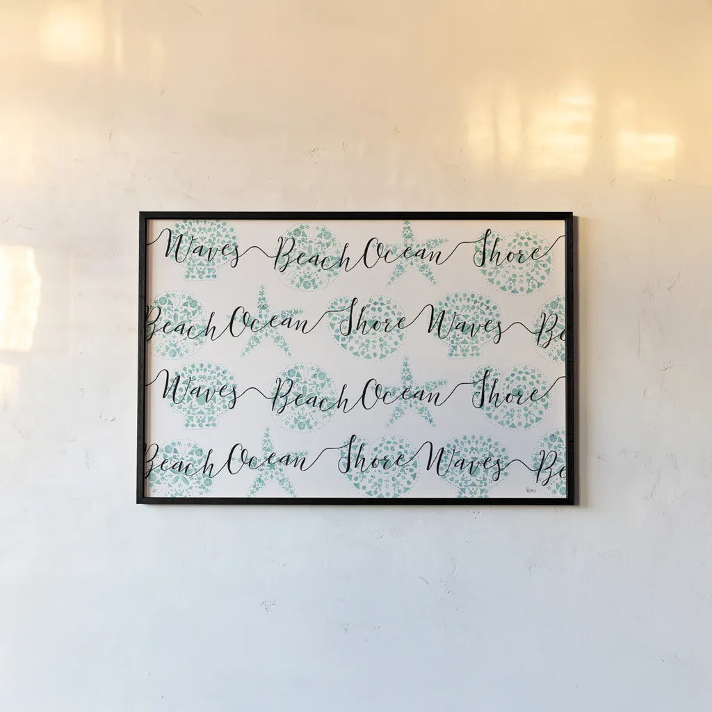 Sea Charms IX Teal by Veronique Charron. shown as a paper print in a black flame. Available as a archival giclee rolled canvas, fine art paper, or poster print. SKU 32008i.