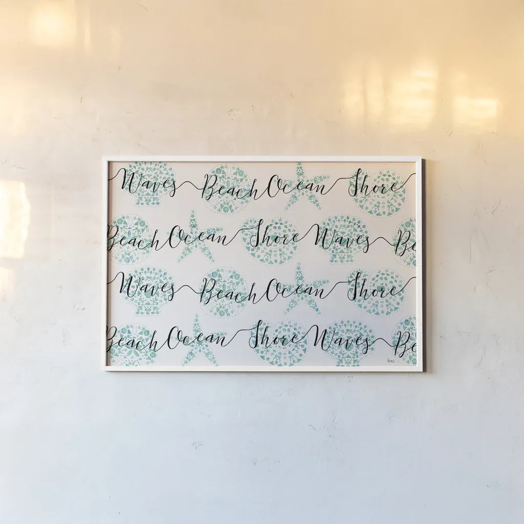 Sea Charms IX Teal by Veronique Charron. shown as a paper print in a white frame. Available as a archival giclee rolled canvas, fine art paper, or poster print. SKU 32008i.