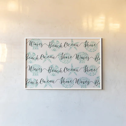 Sea Charms IX Teal by Veronique Charron. shown as a paper print in a white frame. Available as a archival giclee rolled canvas, fine art paper, or poster print. SKU 32008i.