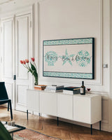 Sea Charms VII Teal by Veronique Charron. shown as a framed stretched canvas in a living room above a console. Available as a archival giclee rolled canvas, fine art paper, or poster print. SKU 32006i.