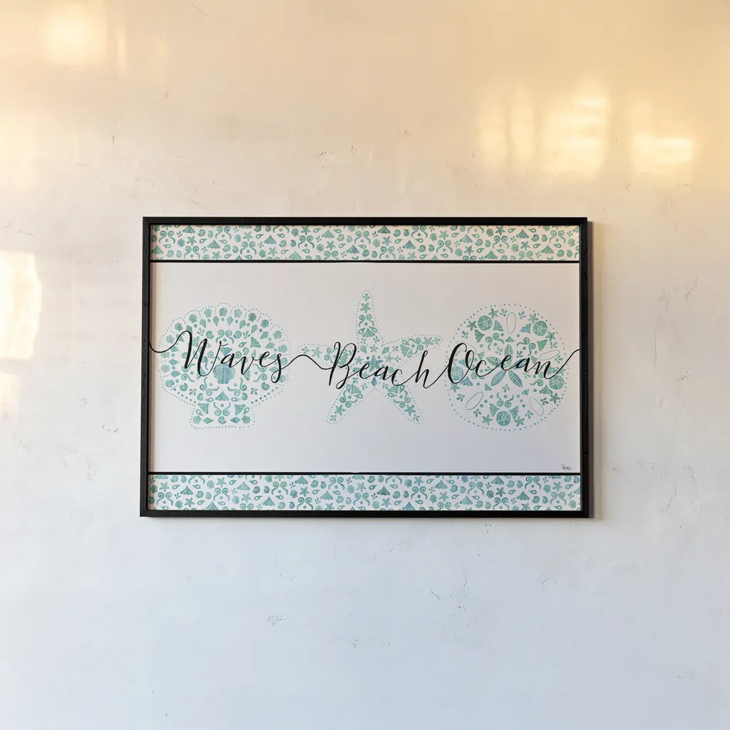 Sea Charms VII Teal by Veronique Charron. shown as a paper print in a black flame. Available as a archival giclee rolled canvas, fine art paper, or poster print. SKU 32006i.