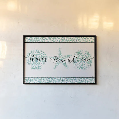 Sea Charms VII Teal by Veronique Charron. shown as a paper print in a black flame. Available as a archival giclee rolled canvas, fine art paper, or poster print. SKU 32006i.