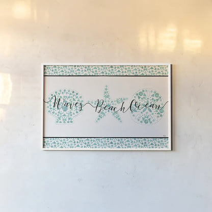 Sea Charms VII Teal by Veronique Charron. shown as a paper print in a white frame. Available as a archival giclee rolled canvas, fine art paper, or poster print. SKU 32006i.