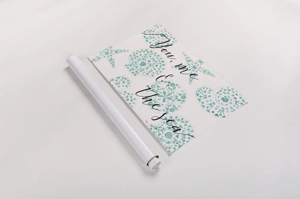 Sea Charms VIII Teal by Veronique Charron. shown as a rolled paper print. Available as archival giclee rolled canvas, fine art paper, or poster print. SKU 32007i.