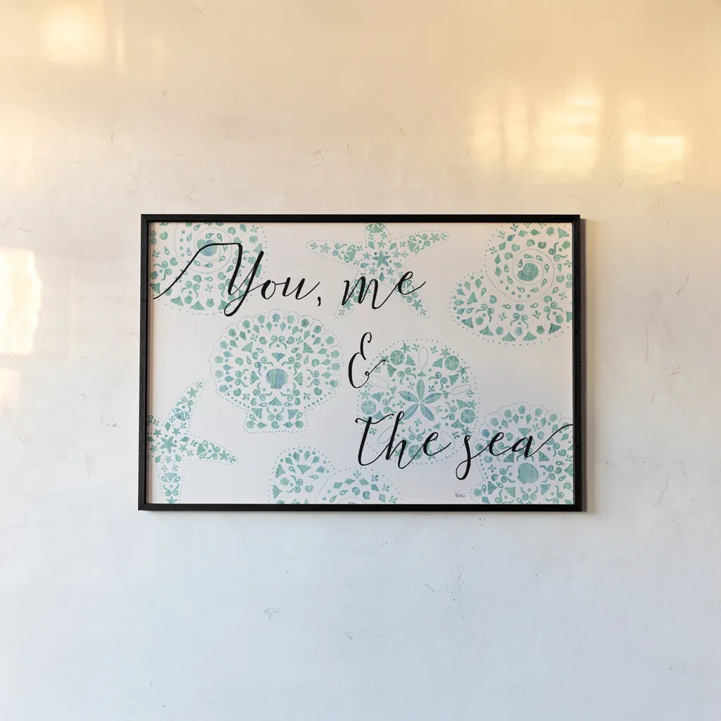 Sea Charms VIII Teal by Veronique Charron. shown as a paper print in a black flame. Available as a archival giclee rolled canvas, fine art paper, or poster print. SKU 32007i.