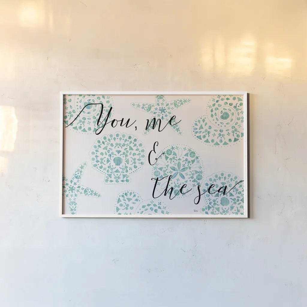 Sea Charms VIII Teal by Veronique Charron. shown as a paper print in a white frame. Available as a archival giclee rolled canvas, fine art paper, or poster print. SKU 32007i.