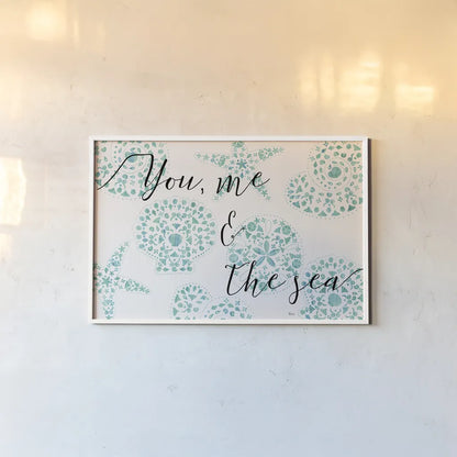 Sea Charms VIII Teal by Veronique Charron. shown as a paper print in a white frame. Available as a archival giclee rolled canvas, fine art paper, or poster print. SKU 32007i.