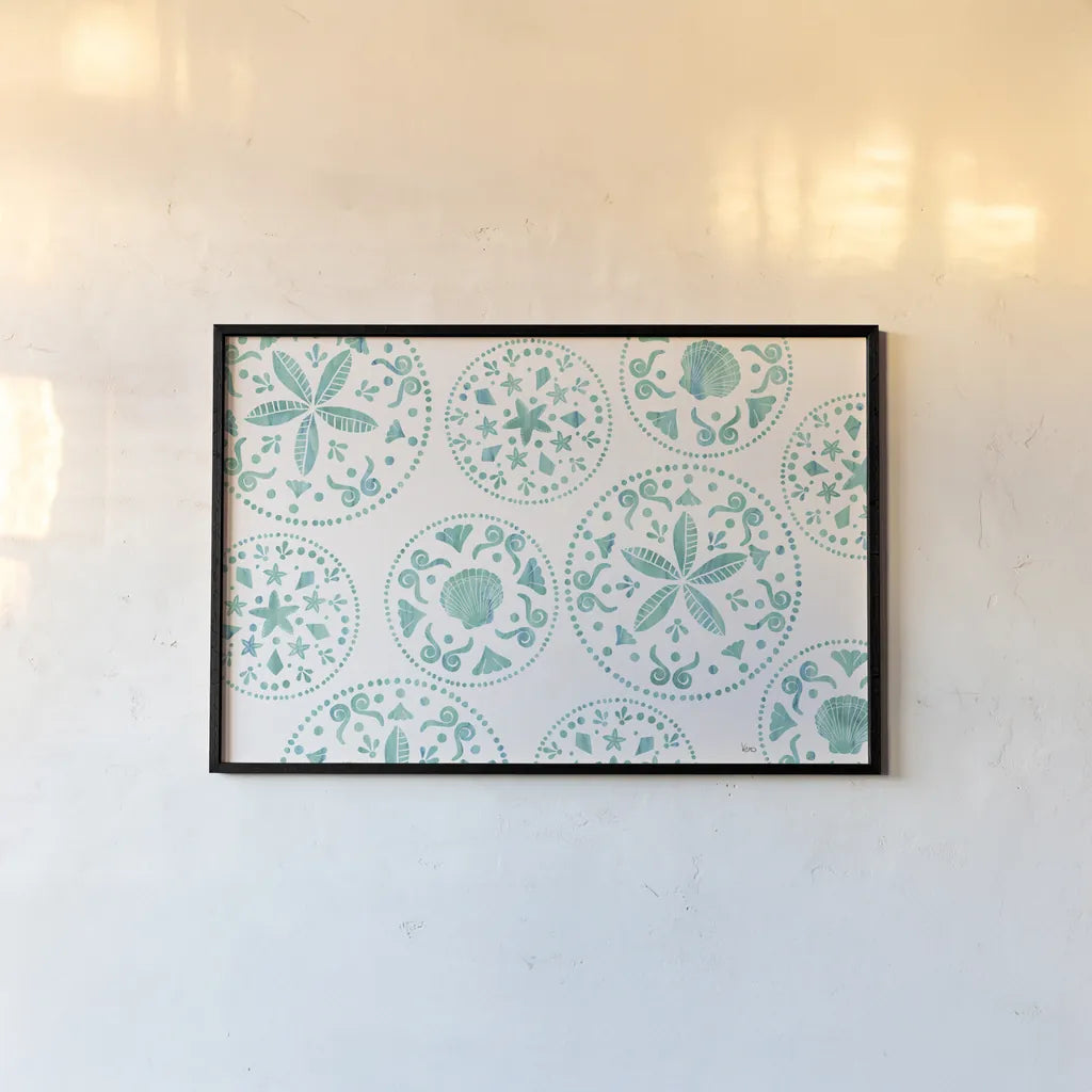 Sea Charms X Teal by Veronique Charron. shown as a paper print in a black flame. Available as a archival giclee rolled canvas, fine art paper, or poster print. SKU 32009i.