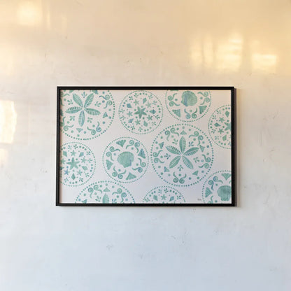 Sea Charms X Teal by Veronique Charron. shown as a paper print in a black flame. Available as a archival giclee rolled canvas, fine art paper, or poster print. SKU 32009i.