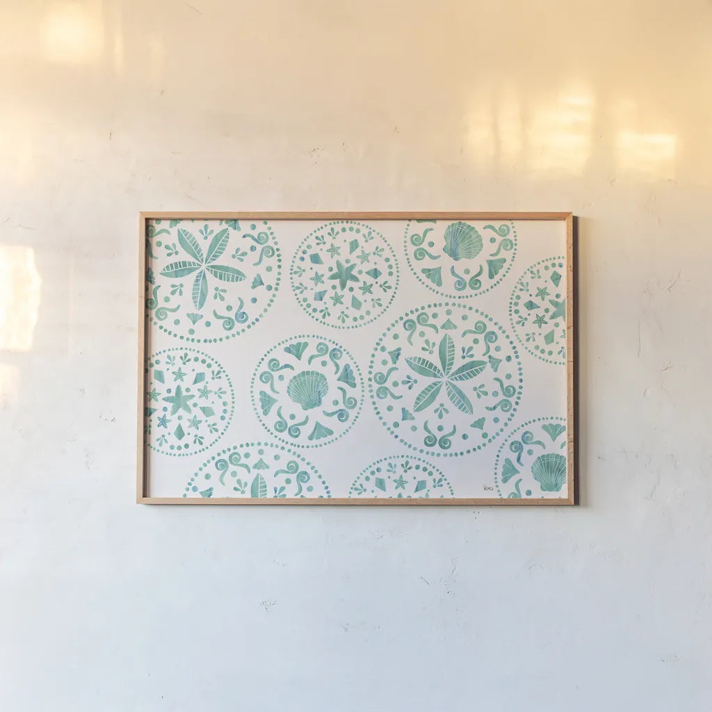 Sea Charms X Teal by Veronique Charron. shown as a paper print in a natural frame. Available as a archival giclee rolled canvas, fine art paper, or poster print. SKU 32009i.