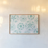 Sea Charms X Teal by Veronique Charron. shown as a paper print in a natural frame. Available as a archival giclee rolled canvas, fine art paper, or poster print. SKU 32009i.