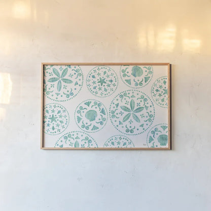 Sea Charms X Teal by Veronique Charron. shown as a paper print in a natural frame. Available as a archival giclee rolled canvas, fine art paper, or poster print. SKU 32009i.