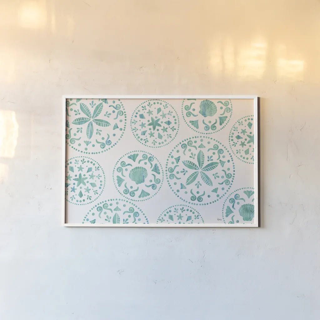 Sea Charms X Teal by Veronique Charron. shown as a paper print in a white frame. Available as a archival giclee rolled canvas, fine art paper, or poster print. SKU 32009i.