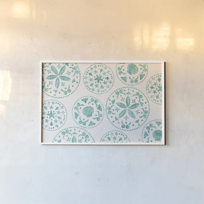 Sea Charms X Teal by Veronique Charron. shown as a paper print in a white frame. Available as a archival giclee rolled canvas, fine art paper, or poster print. SKU 32009i.