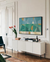 Seascape I by Veronique Charron. shown as a framed stretched canvas in a living room above a console. Available as a archival giclee rolled canvas, fine art paper, or poster print. SKU 28735i.