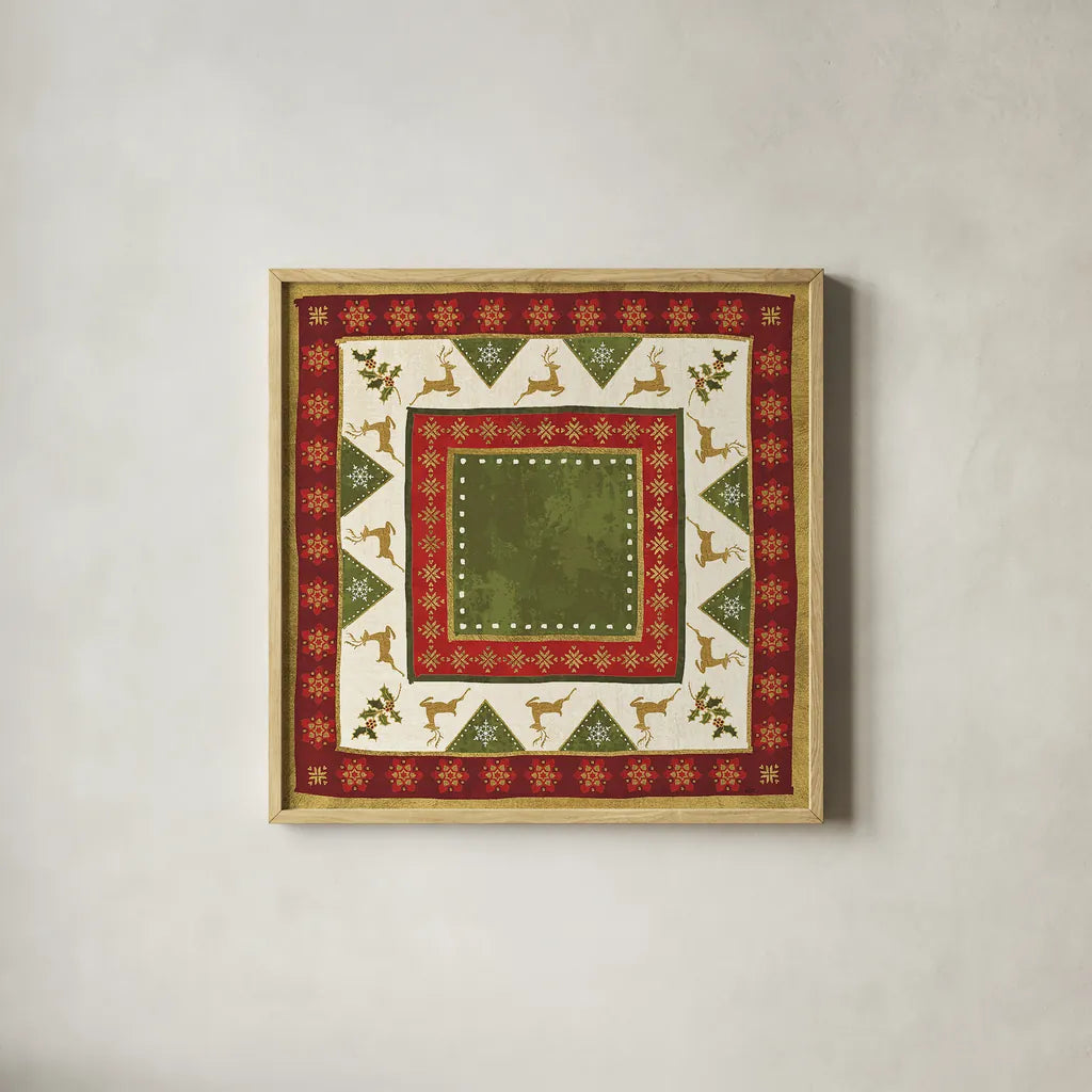 Simply Christmas Tiles III no Snowflake by Veronique Charron. Shown in a natural wood glass frame for a timeless modern aesthetic. Available as an archival giclee rolled canvas, fine art paper, or poster print. SKU 29217a.