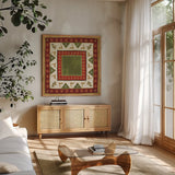 Simply Christmas Tiles III no Snowflake by Veronique Charron. Shown in a natural wood frame in a cozy modern living room. Available as an archival giclee rolled canvas, fine art paper, or poster print. SKU 29217a.
