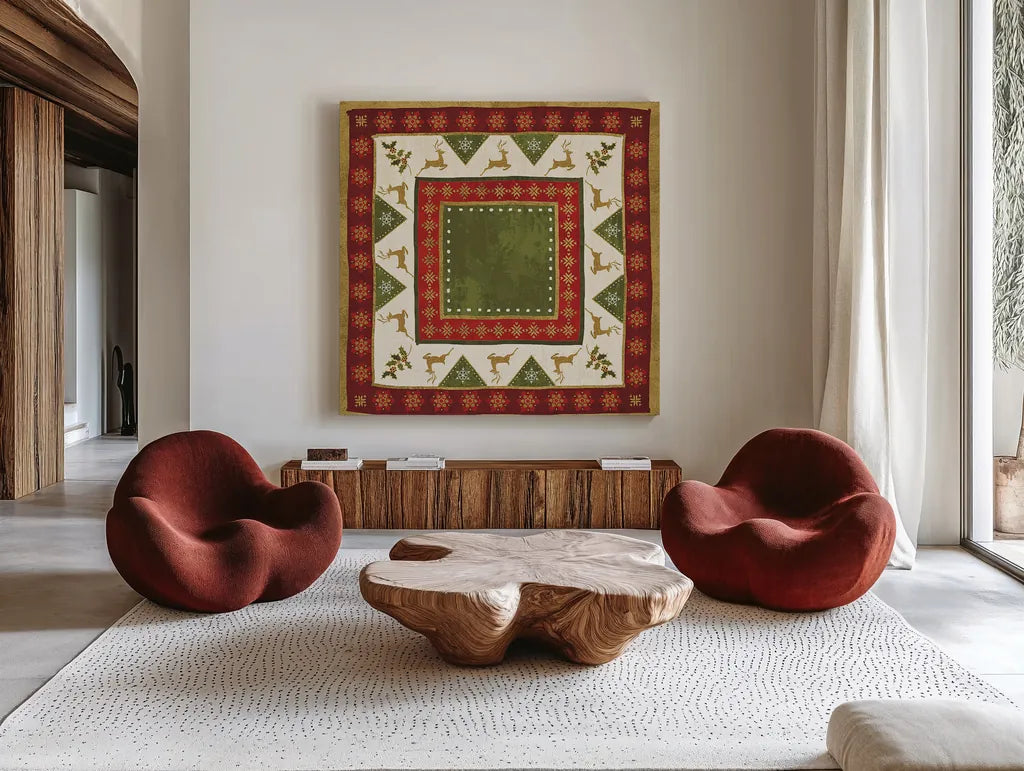 Simply Christmas Tiles III no Snowflake by Veronique Charron. Shown as extra-large giant wall art in a modern living room. Available as an archival giclee rolled canvas, fine art paper, or poster print. SKU 29217a.