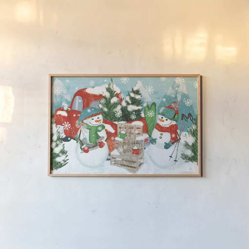 Snowy Fun I by Veronique Charron. shown as a paper print in a natural frame. Available as a archival giclee rolled canvas, fine art paper, or poster print. SKU 58168i.