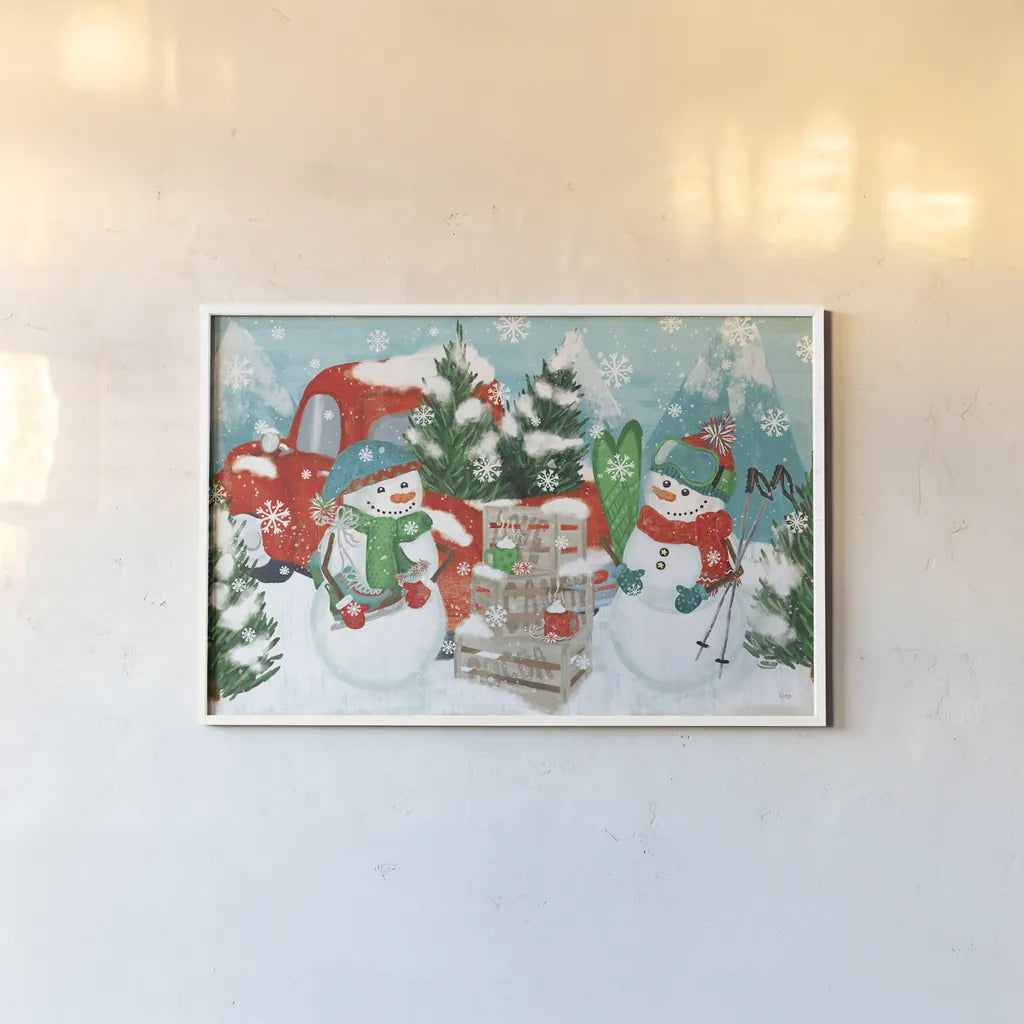 Snowy Fun I by Veronique Charron. shown as a paper print in a white frame. Available as a archival giclee rolled canvas, fine art paper, or poster print. SKU 58168i.