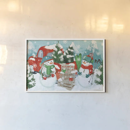 Snowy Fun I by Veronique Charron. shown as a paper print in a white frame. Available as a archival giclee rolled canvas, fine art paper, or poster print. SKU 58168i.