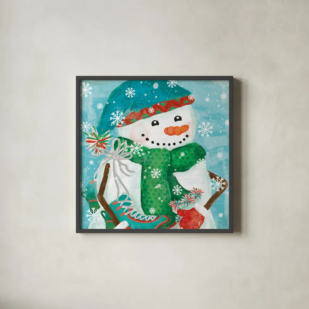 Snowy Fun IV by Veronique Charron. Shown in a sleek black glass frame for a contemporary gallery look. Available as an archival giclee rolled canvas, fine art paper, or poster print. SKU 58171a.