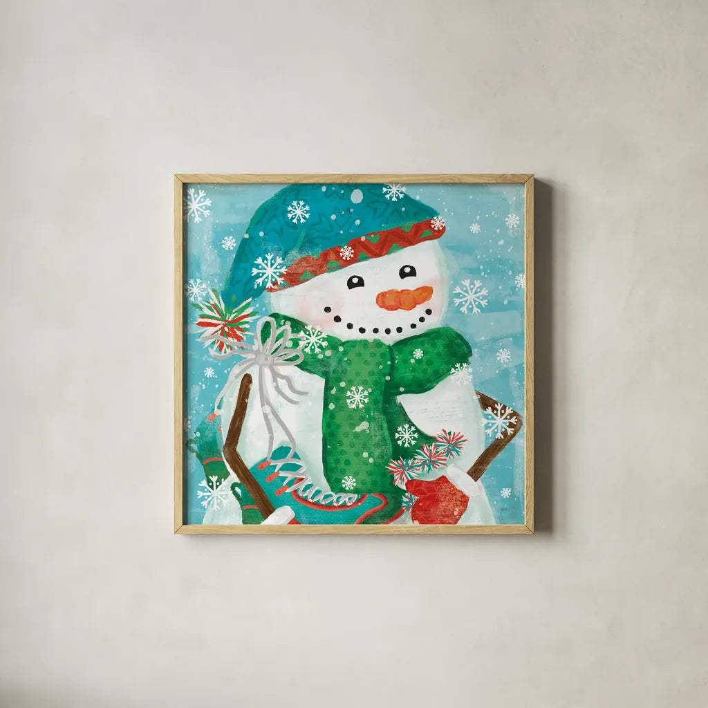 Snowy Fun IV by Veronique Charron. Shown in a natural wood glass frame for a timeless modern aesthetic. Available as an archival giclee rolled canvas, fine art paper, or poster print. SKU 58171a.