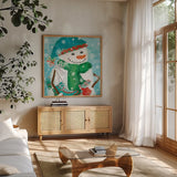 Snowy Fun IV by Veronique Charron. Shown in a natural wood frame in a cozy modern living room. Available as an archival giclee rolled canvas, fine art paper, or poster print. SKU 58171a.