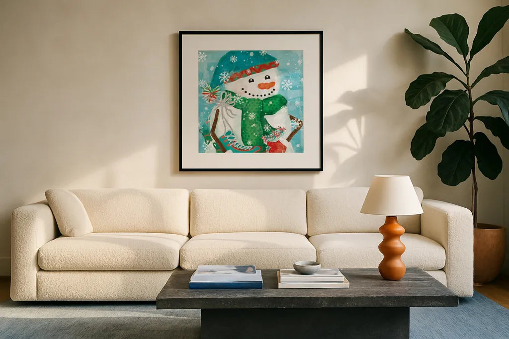 Snowy Fun IV by Veronique Charron. Displayed in a glass frame with matte in a clean modern living room. Available as an archival giclee rolled canvas, fine art paper, or poster print. SKU 58171a.
