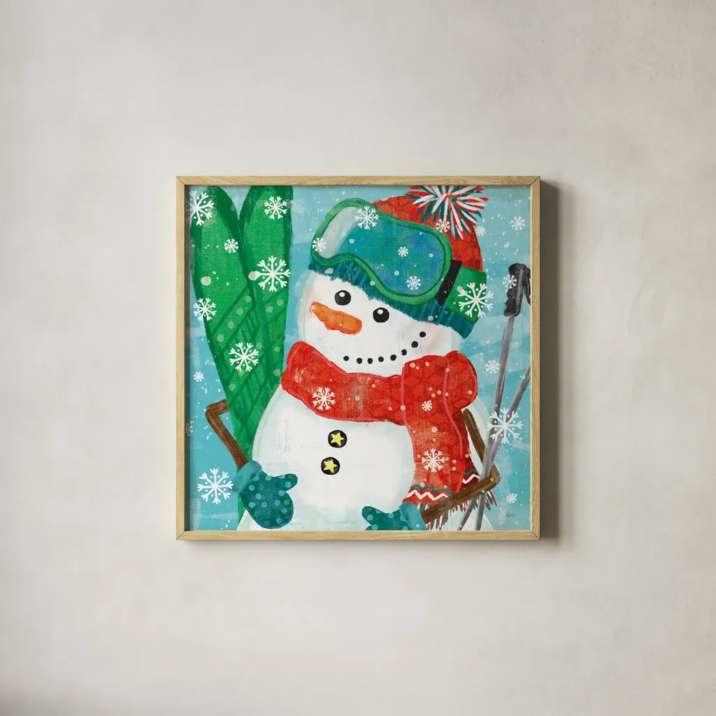 Snowy Fun V by Veronique Charron. Shown in a natural wood glass frame for a timeless modern aesthetic. Available as an archival giclee rolled canvas, fine art paper, or poster print. SKU 58172a.