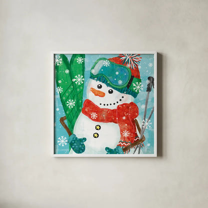 Snowy Fun V by Veronique Charron. Shown in a crisp white glass frame for a clean and minimalist style. Available as an archival giclee rolled canvas, fine art paper, or poster print. SKU 58172a.