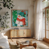 Snowy Fun V by Veronique Charron. Shown in a natural wood frame in a cozy modern living room. Available as an archival giclee rolled canvas, fine art paper, or poster print. SKU 58172a.