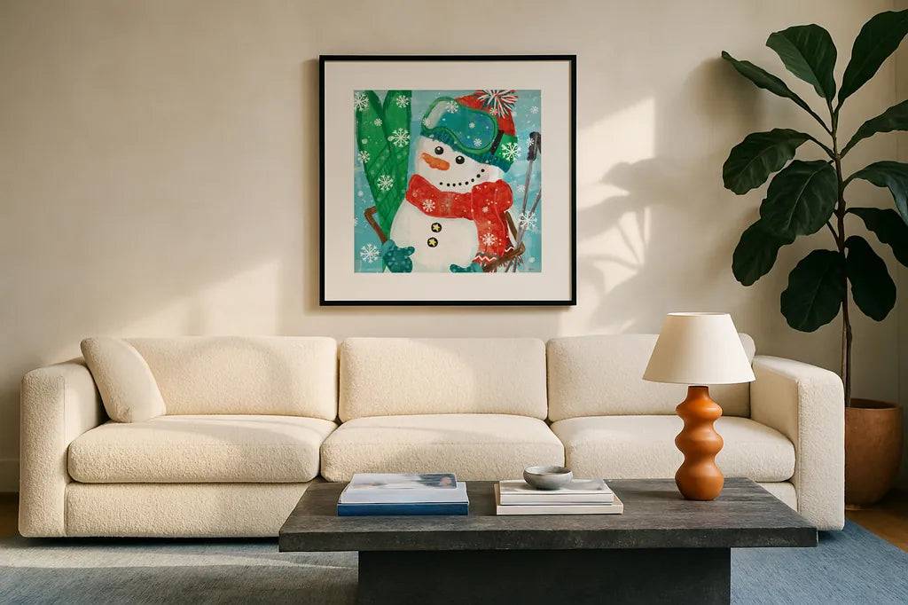 Snowy Fun V by Veronique Charron. Displayed in a glass frame with matte in a clean modern living room. Available as an archival giclee rolled canvas, fine art paper, or poster print. SKU 58172a.