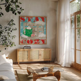 Snowy Fun VI by Veronique Charron. Shown in a natural wood frame in a cozy modern living room. Available as an archival giclee rolled canvas, fine art paper, or poster print. SKU 58173a.