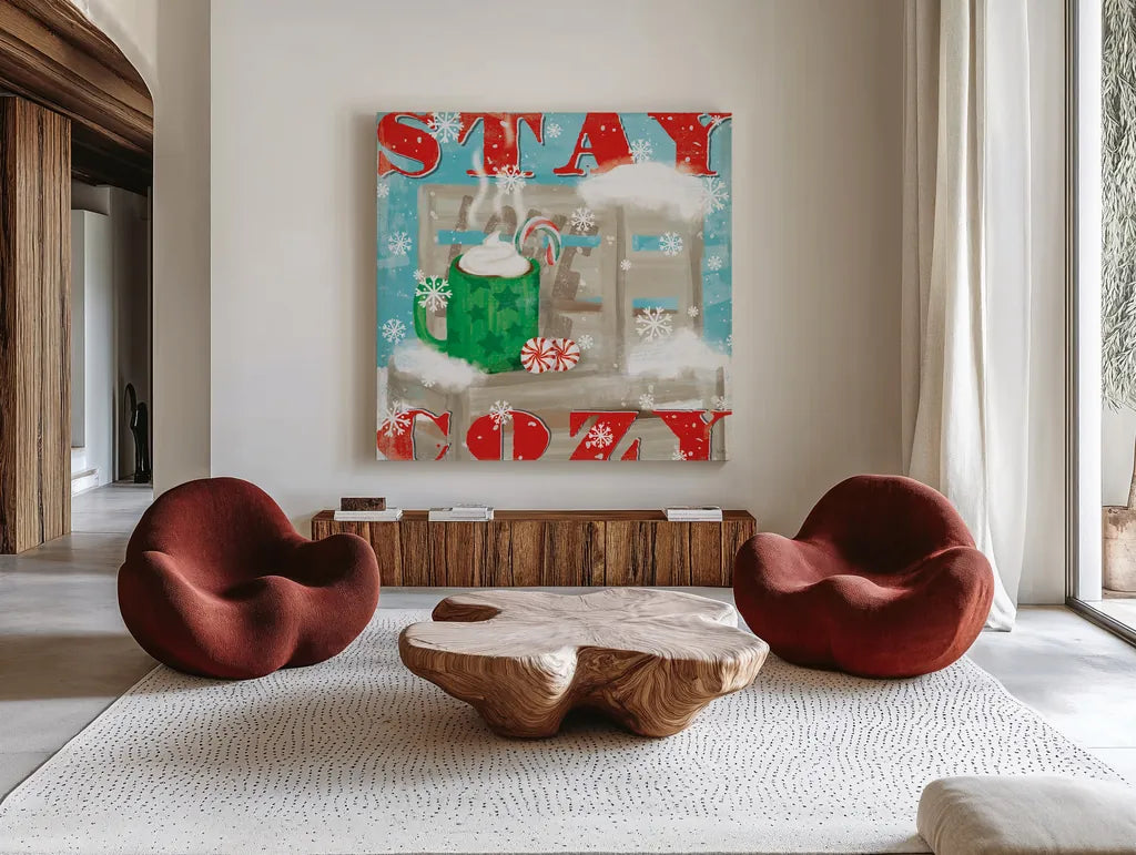 Snowy Fun VI by Veronique Charron. Shown as extra-large giant wall art in a modern living room. Available as an archival giclee rolled canvas, fine art paper, or poster print. SKU 58173a.