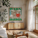 Snowy Fun VII by Veronique Charron. Shown in a natural wood frame in a cozy modern living room. Available as an archival giclee rolled canvas, fine art paper, or poster print. SKU 58174a.
