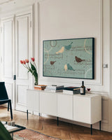 Song Birds III by Veronique Charron. shown as a framed stretched canvas in a living room above a console. Available as a archival giclee rolled canvas, fine art paper, or poster print. SKU 20297i.