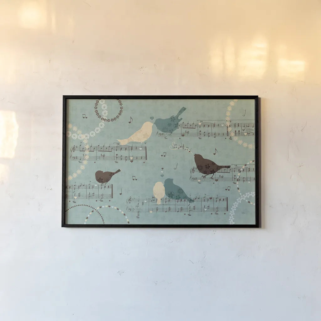 Song Birds III by Veronique Charron. shown as a paper print in a black flame. Available as a archival giclee rolled canvas, fine art paper, or poster print. SKU 20297i.