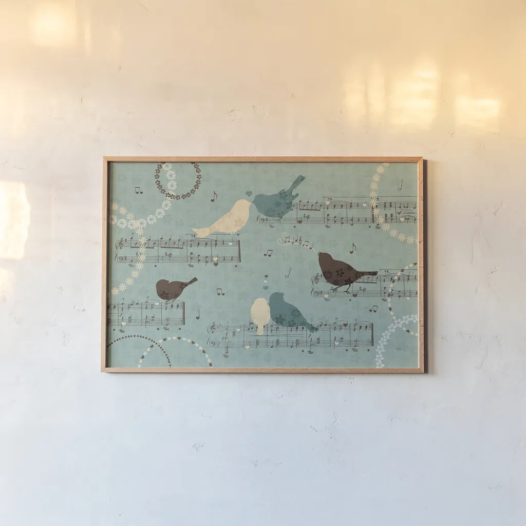 Song Birds III by Veronique Charron. shown as a paper print in a natural frame. Available as a archival giclee rolled canvas, fine art paper, or poster print. SKU 20297i.