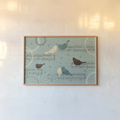 Song Birds III by Veronique Charron. shown as a paper print in a natural frame. Available as a archival giclee rolled canvas, fine art paper, or poster print. SKU 20297i.