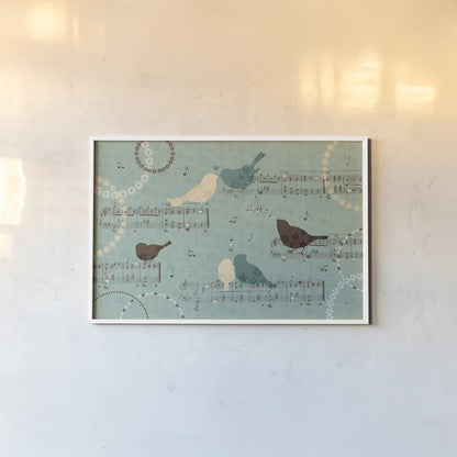 Song Birds III by Veronique Charron. shown as a paper print in a white frame. Available as a archival giclee rolled canvas, fine art paper, or poster print. SKU 20297i.