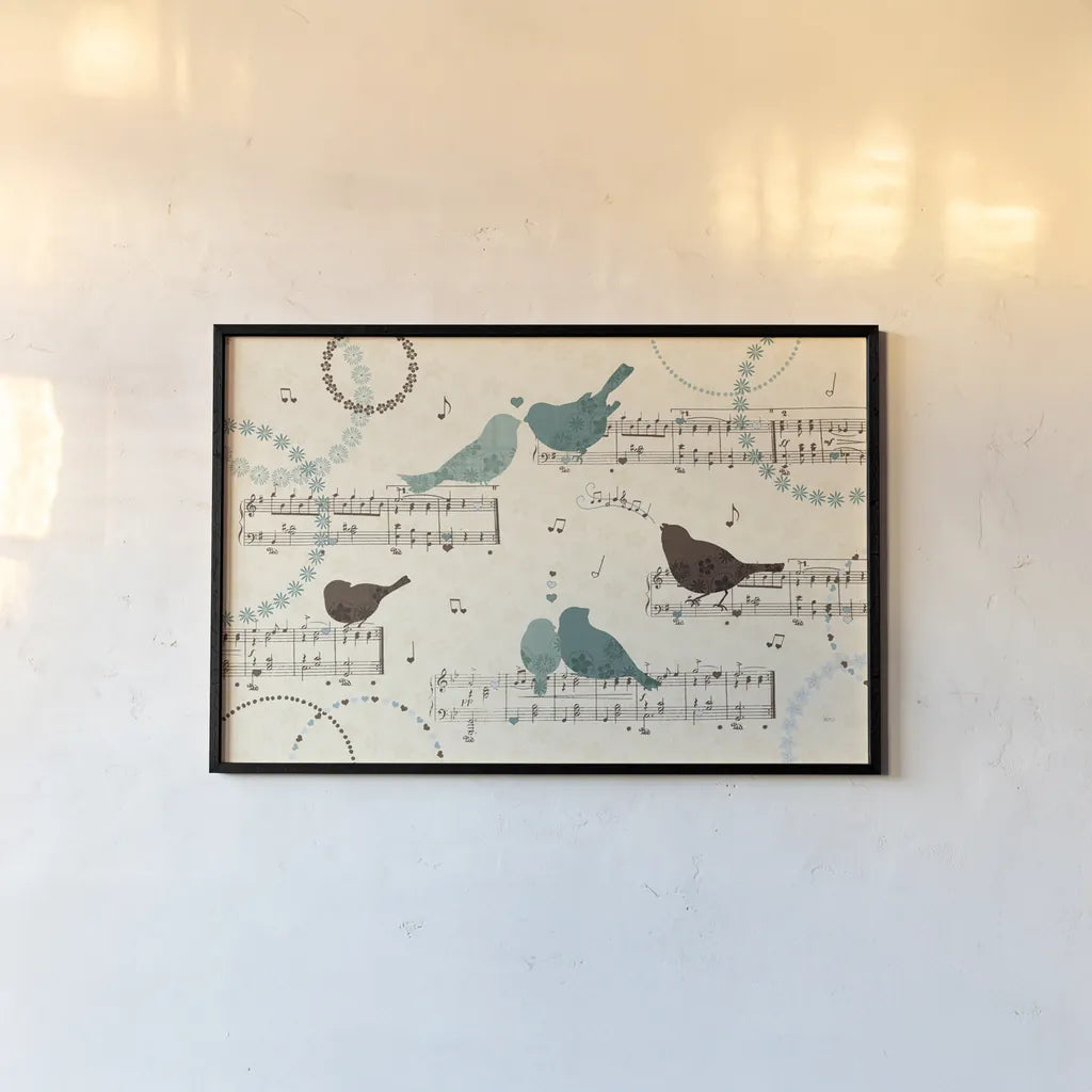 Song Birds IV by Veronique Charron. shown as a paper print in a black flame. Available as a archival giclee rolled canvas, fine art paper, or poster print. SKU 20298i.