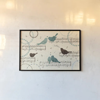 Song Birds IV by Veronique Charron. shown as a paper print in a black flame. Available as a archival giclee rolled canvas, fine art paper, or poster print. SKU 20298i.