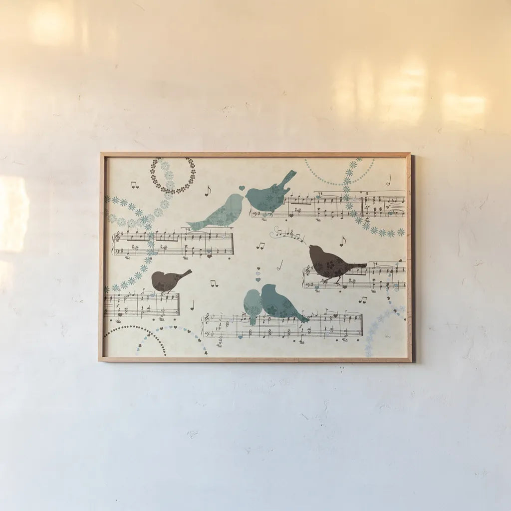 Song Birds IV by Veronique Charron. shown as a paper print in a natural frame. Available as a archival giclee rolled canvas, fine art paper, or poster print. SKU 20298i.