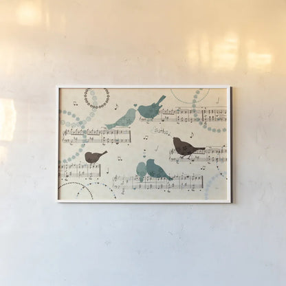 Song Birds IV by Veronique Charron. shown as a paper print in a white frame. Available as a archival giclee rolled canvas, fine art paper, or poster print. SKU 20298i.