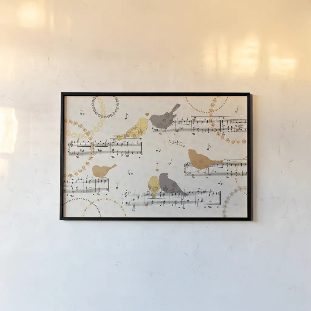 Song Birds IV Yellow by Veronique Charron. shown as a paper print in a black flame. Available as a archival giclee rolled canvas, fine art paper, or poster print. SKU 88752i.