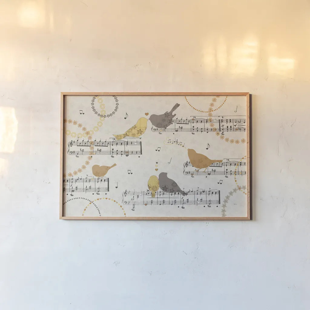 Song Birds IV Yellow by Veronique Charron. shown as a paper print in a natural frame. Available as a archival giclee rolled canvas, fine art paper, or poster print. SKU 88752i.