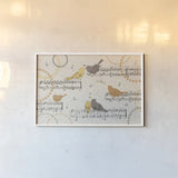 Song Birds IV Yellow by Veronique Charron. shown as a paper print in a white frame. Available as a archival giclee rolled canvas, fine art paper, or poster print. SKU 88752i.