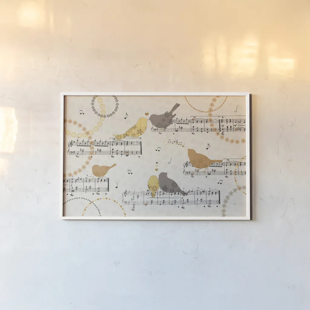 Song Birds IV Yellow by Veronique Charron. shown as a paper print in a white frame. Available as a archival giclee rolled canvas, fine art paper, or poster print. SKU 88752i.